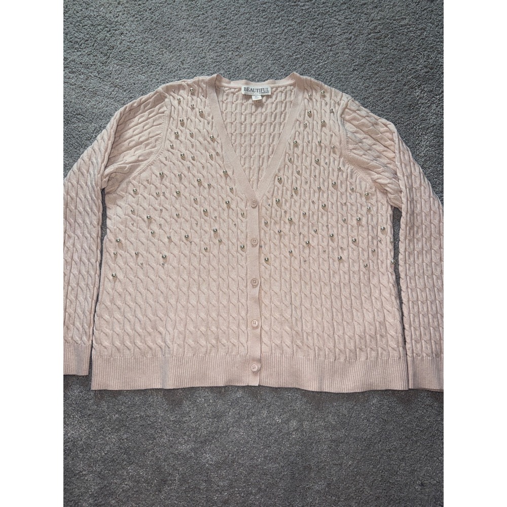 Beautiful by Lawrence Zarian Pink Cable Knit Faux Pearl Cardigan Sweater XL